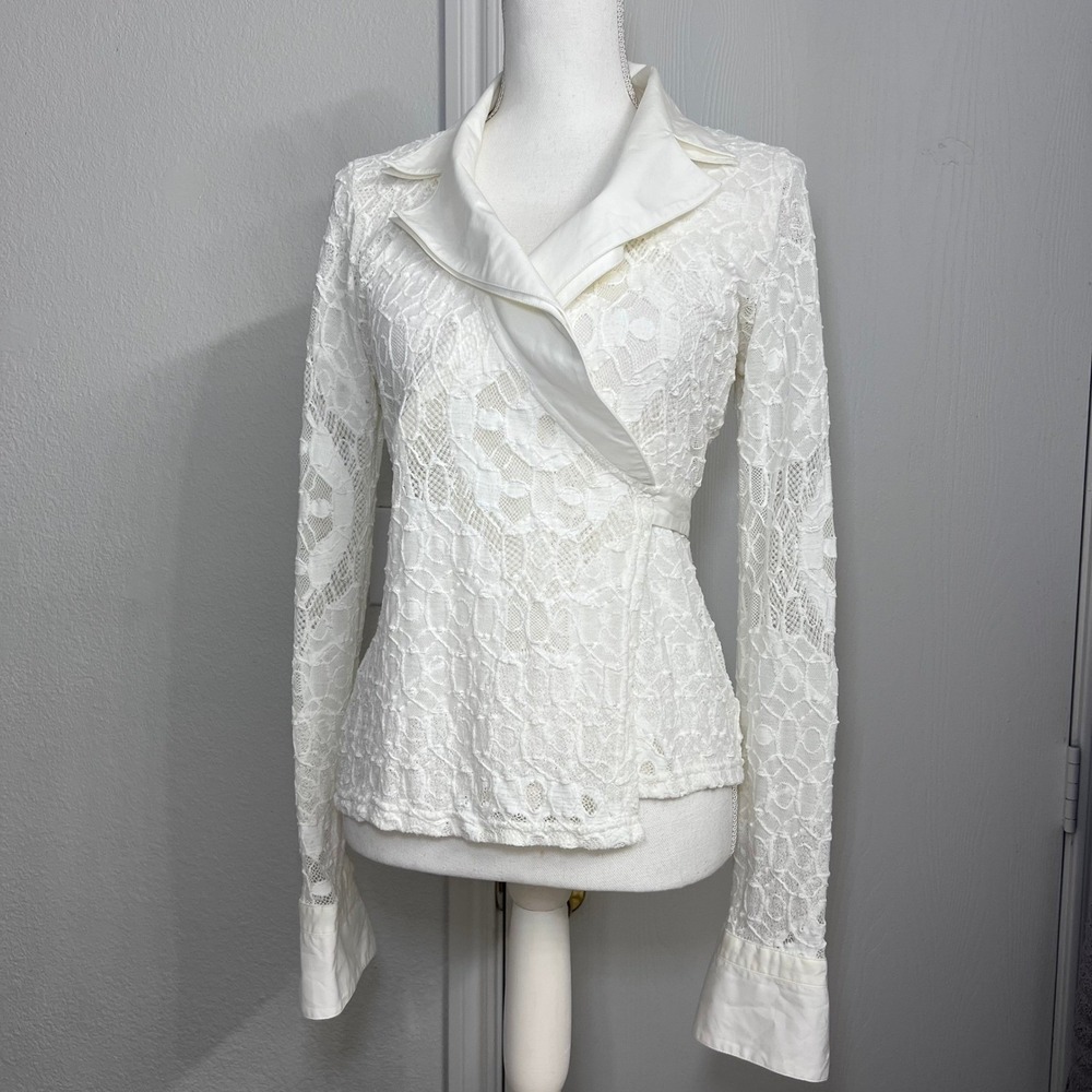Anne Fontaine White Lace Blouse Satin Collar & Belt Wrap Front US 10 French Lux‎